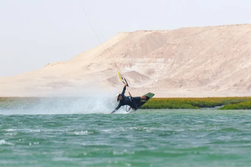 Big air kitesurfing jump over Dakhla lagoon, Morocco